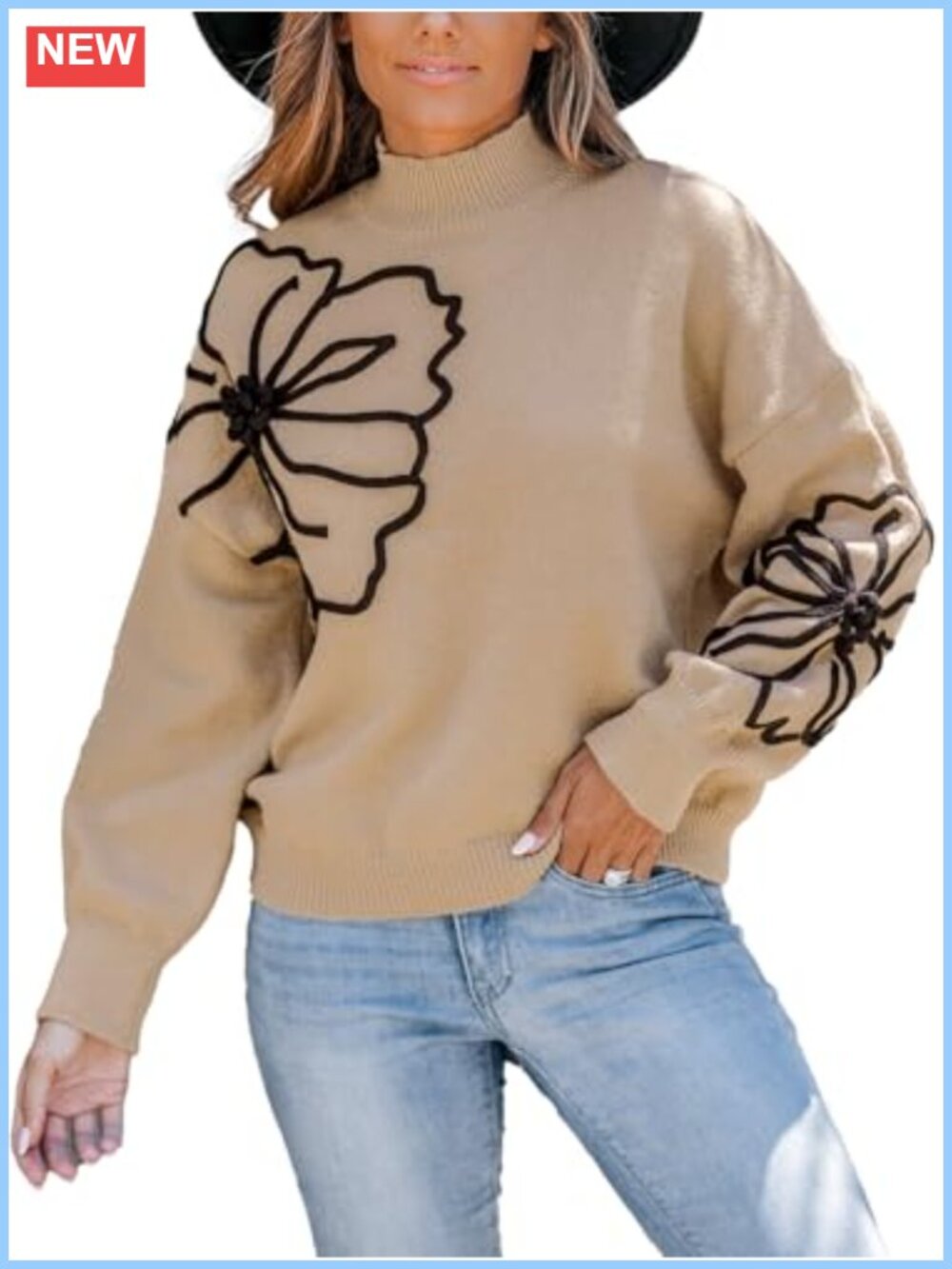 Mock Neck Knit Pullover Sweater Drop Shoulder Floral Long Sleeve